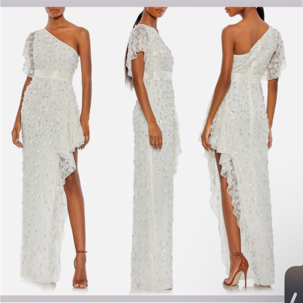 Mac Duggal One-Shoulder Ivory Beaded Asymmetric Evening Gown